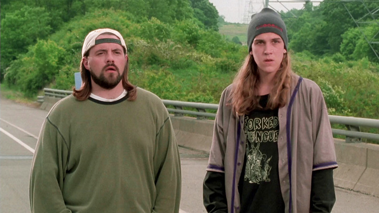 Jay and Silent Bob (Jason Mewes and Kevin Smith) stare in disbelief on a bridge in Dogma