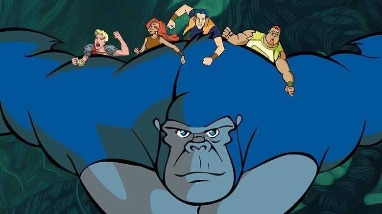 Jason and his crew ride on Kong's back