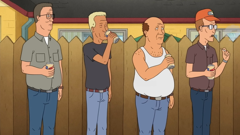 Hank, Boohauer, Bill, and Dale drinking beer in front of Hank's house in King of the Hill season 14