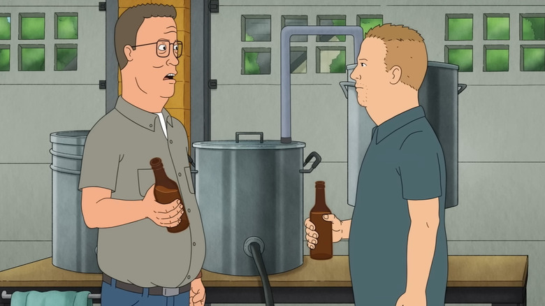 Hank and Bobby drinking a beer together in King of the Hill season 14