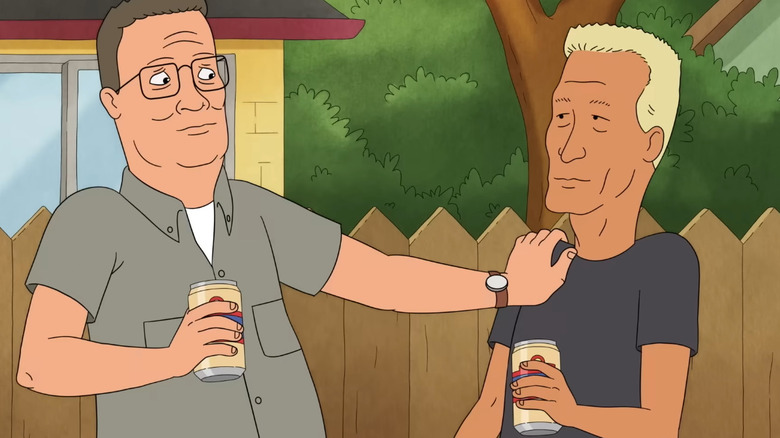 Hank Hill and Boomhauer holding beers in the alley in the King of the Hill revival