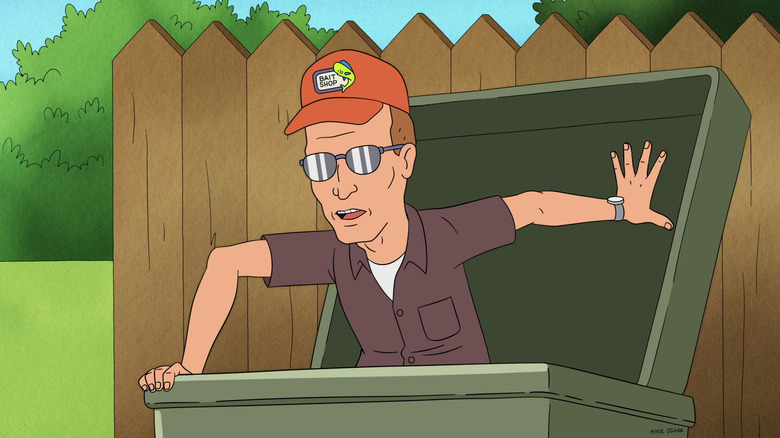 Dale Gribble popping out of a trash can on the King of the Hill revival