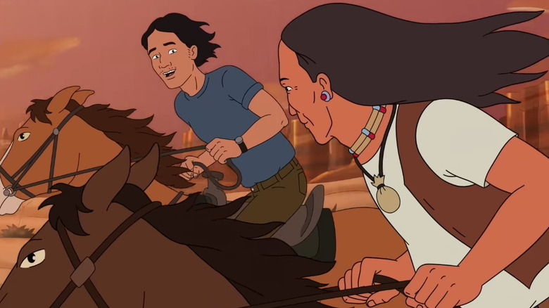 Joseph Gribble and John Redcorn riding horses on the King of the Hill revival