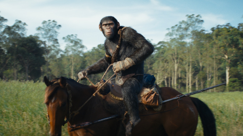Noa riding a horse in Kingdom Planet of the Apes
