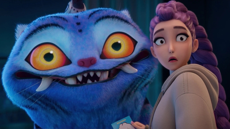 Rumi with a surprised look on her face standing next to Derpy in KPop Demon Hunters