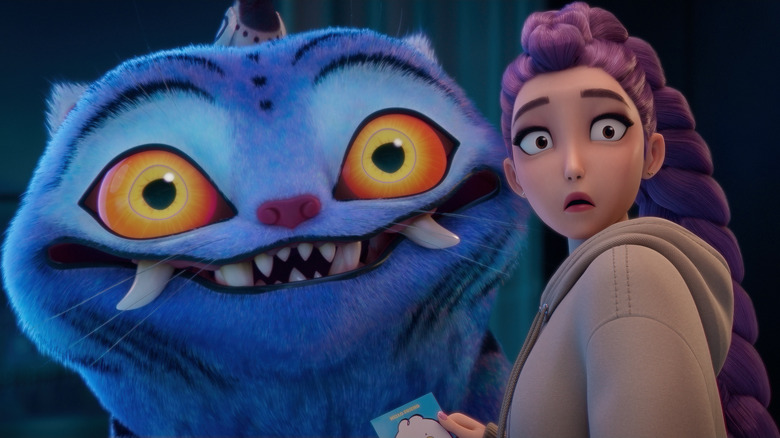 Derpy Tiger grinning over Rumi's shoulder as she looks shocked in KPop Demon Hunters