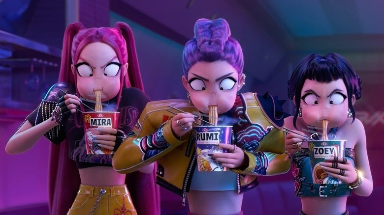 Mira, Rumi, and Zoey eating ramen noodles in KPop Demon Hunters
