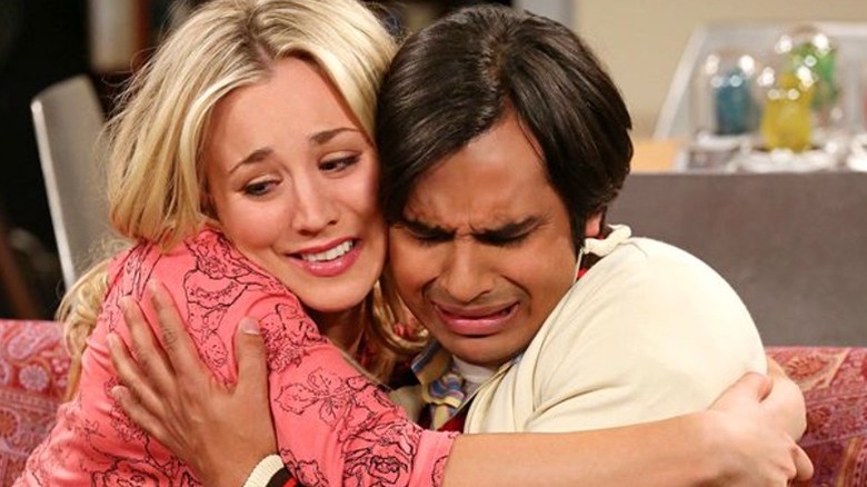 Penny holding Raj while he cries on The Big Bang Theory