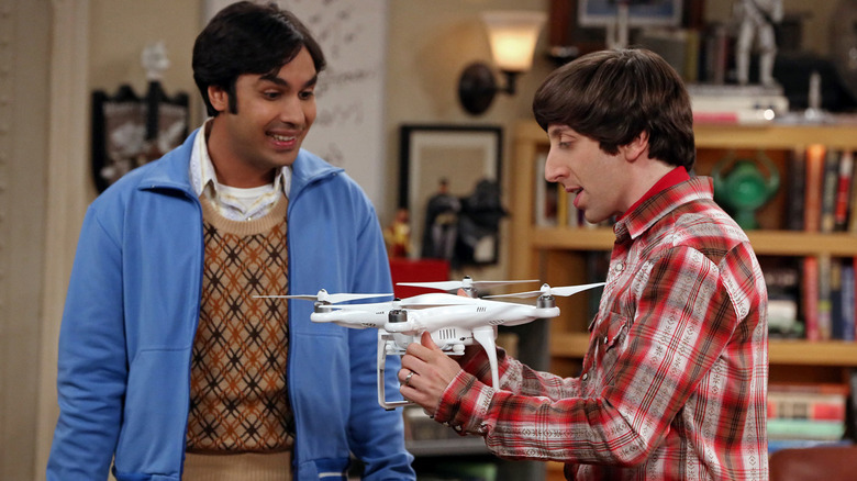 Raj and Howard playing with a drone on The Big Bang Theory