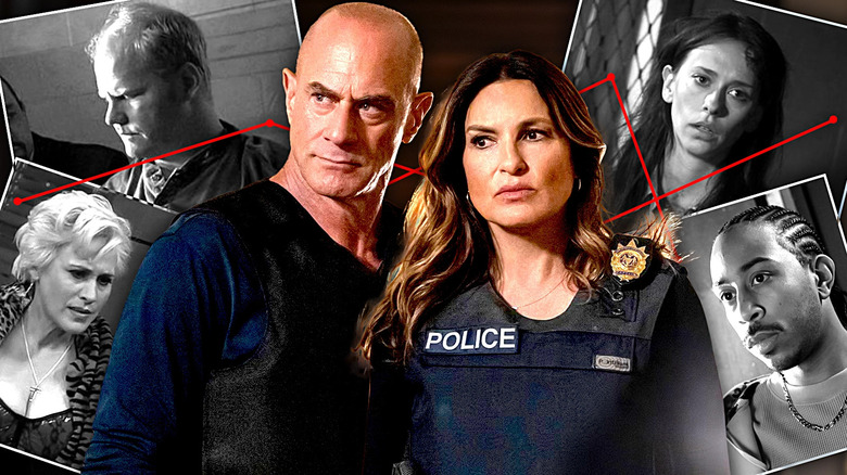 A collage of Elliot Stabler (Christopher Meloni) and Olivia Benson (Mariska Hargitay) surrounded by photos of Oliver Tunney (Jim Gaffigan), Jeannie Kerns (Patricia Arquette), Vicki Sayers (Jennifer Love Hewitt), and Darius Parker (Ludacris) in Law & Order: Special Victims Unit