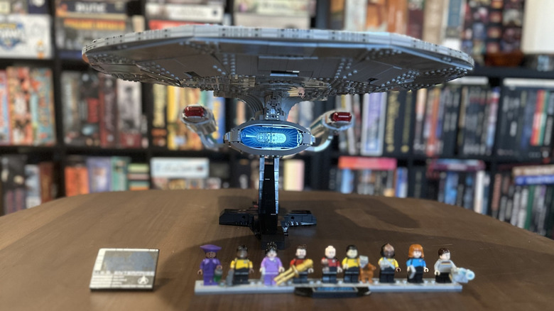 Wide shot of the LEGO Enterprise and Minifig set