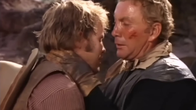 Leif Erickson's "Big John" Cannon holds Mark Slade's "Blue Boy" in The High Chaparral