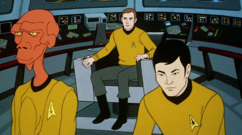 Kirk, M. Arex et Sulu sur le pont de l'Enterprise dans Star Trek : la série animée