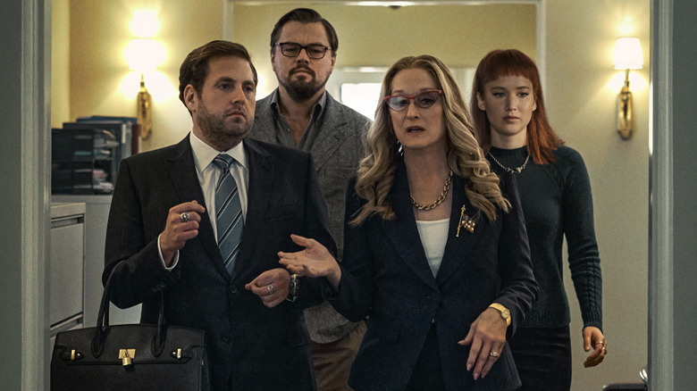 Hill, DiCaprio, Streep, and Lawrence in Don't Look Up