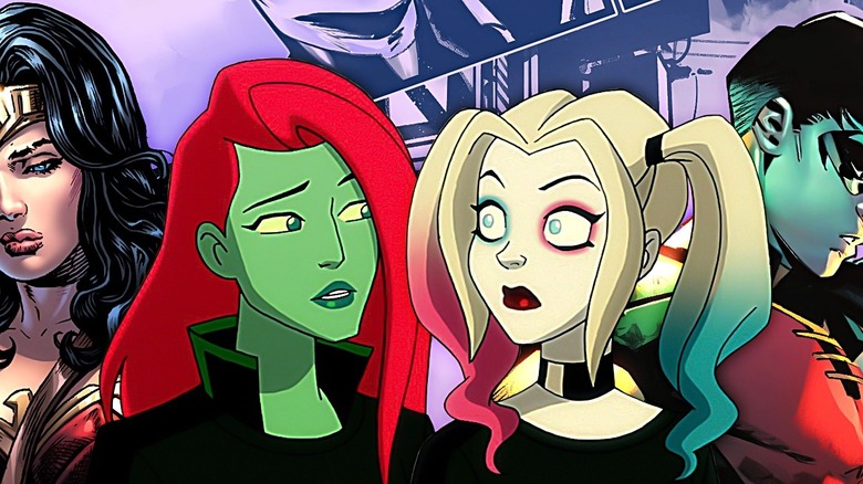 Composite image of Wonder Woman, Poison Ivy, Harley Quinn, and Tim Drake