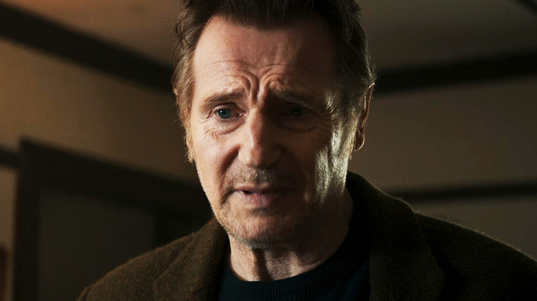 Liam Neeson's Finbar Murphy looks concerned in closeup in In the Land of Saints and Sinners
