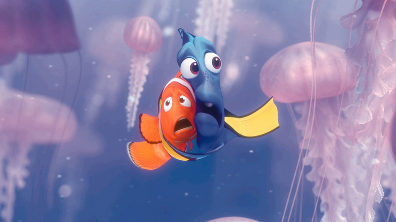 Marlin and Dory surrounded by jellyfish in Finding Nemo