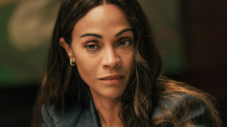 Zoe Saldaña's Joe McNamara is seen in closeup in Lioness