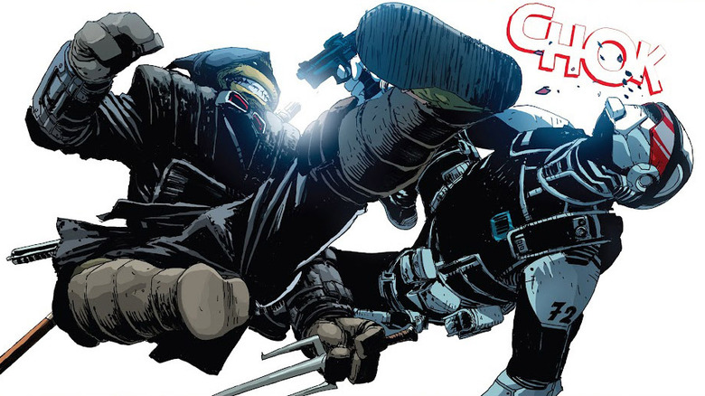 Teenage Mutant Ninja Turtles: The Last Ronin comic art of surviving turtle kicking a Synja