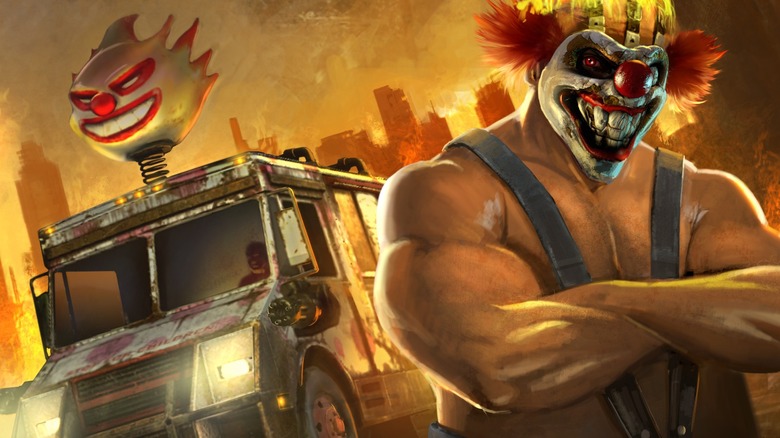 Illustrated shirtless buff clown, truck