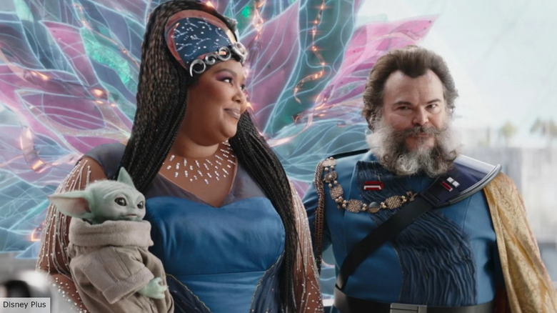 The Mandalorian's Lizzo, Jack Black, and Grogu smiling