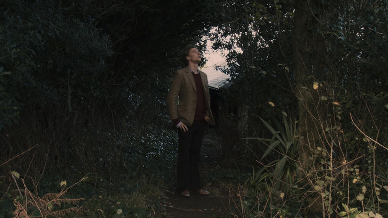 Tom Hiddleston's Edward stands with his hands on his hips in a wooded area in Archipelago