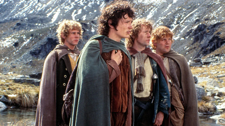 the hobbits gather by a mountain