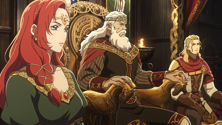 Gaia Wise as Hèra, Brian Cox as Helm Hammerhand, and Benjamin Wainwright as Haleth sitting at court in The Lord of the Rings: The War of the Rohirrim
