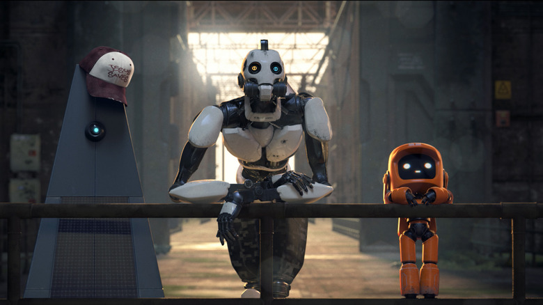 Love, Death and Robots two grey and one orange robot