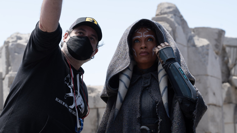 Dave Filoni with Rosario Dawson as Ahsoka Tano behind the scenes of Ahsoka Season 1