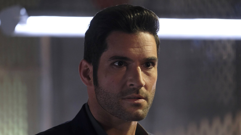 Tom Ellis as Lucifer Morningstar with a surprised look on his face in Lucifer