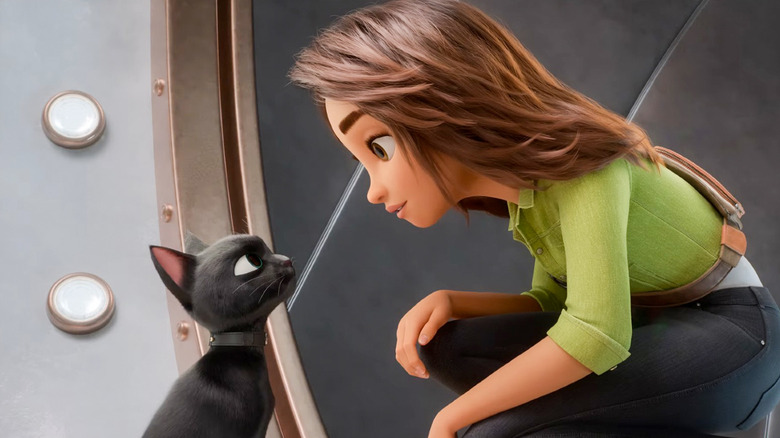 a girl and a cat stand on a platform above a city in the animated movie luck