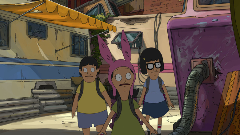 Gene, Louise and Tina sneaking around a trailer camp in The Bob's Burgers Movie