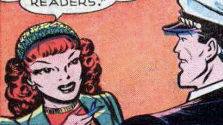 Vicki Vale praat met Bruce Wayne in een panel van Batman #49