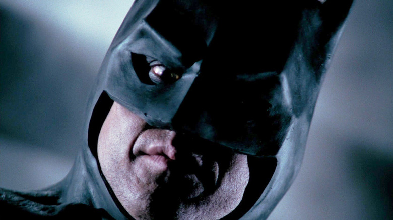 Michael Keaton's Batman is seen in closeup in Batman