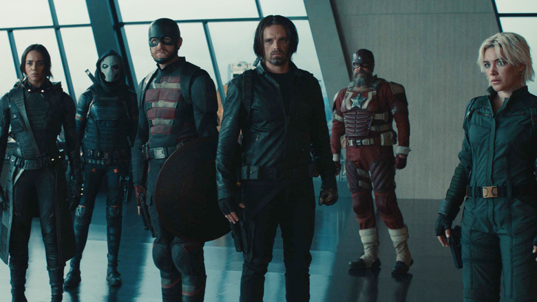 Ghost, Taskmaster, U.S. Agent, Winter Soldier, Red Guardian, and Yelena standing together in Thunderbolts