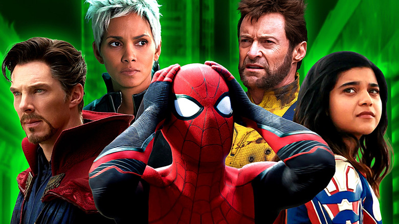 A collage of Benedict Cumberbatch as Doctor Strange, Halle Berry as Storm in X-Men: Days of Future Past, Tom Holland as Spider-Man in No Way Home, Hugh Jackman as Wolverine in Deadpool & Wolverine, and Iman Vellani as Kamala Khan in Ms. Marvel