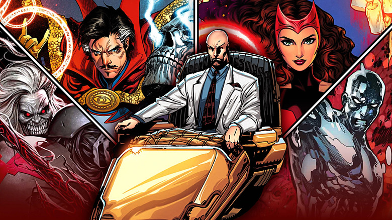 A collage of comic book images with Professor X surrounded by Knull, Doctor Strange, Scarlet Witch, and Silver Surfer