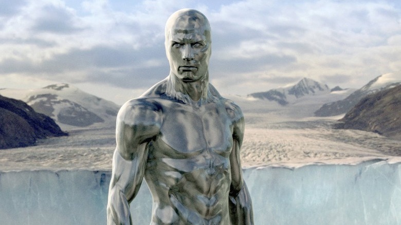 Silver Surfer (Doug Jones/Laurence Fishburne) glares above a glacier in Fantastic Four: Rise of the Silver Surfer