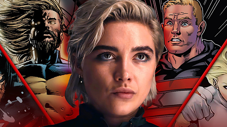Images of Red Guardian, Sentry, US Agent, and White Widow from the comics edited together with Yelena Belova from the Thunderbolts film