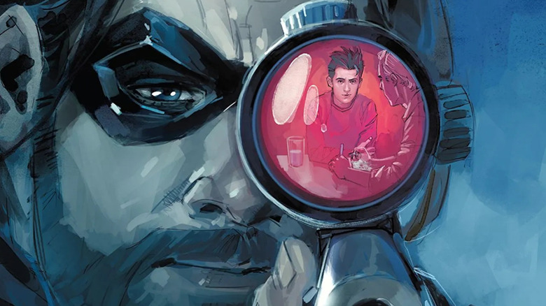 Winter Soldier aims a rifle at a boy eating dinner