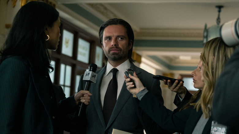 Sebastian Stan as Congressman Bucky Barnes being interviewed in Thunderbolts