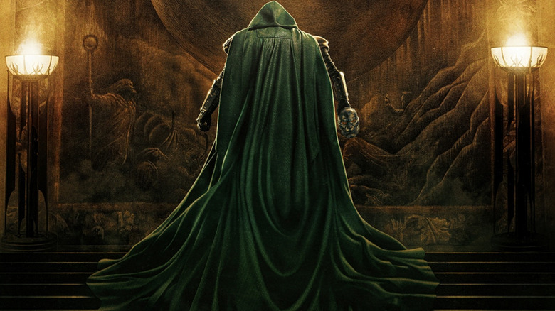 Robert Downey, Jr. as Doctor Doom wearing a hood and cape and holding his mask in the poster for Avengers: Doomsday