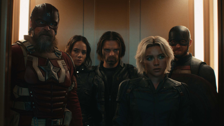 Red Guardian (David Harbor), Ghost (Hannah John-Kamen), Winter Soldier (Sebastian Stan), Black Widow (Florence Pugh) and US Agent (Wyatt Russell) stand in one lift in Thunderbolts*
