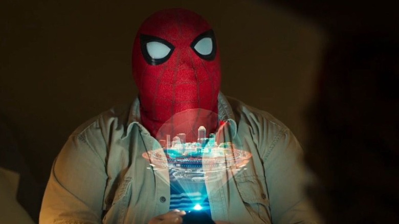 Ned Leeds wearing Spider-Man's mask in "Spider-Man: Homecoming"