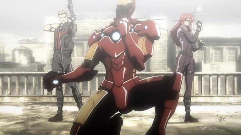 Iron Man Rise of Technovore anime Hawkeye Tony Stark Black Widow