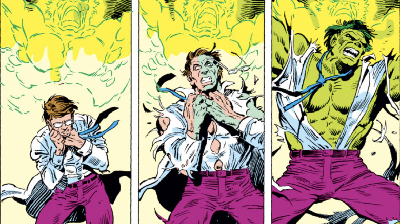Bruce Banner changes into the Hulk after a gamma bomb explosion in Incredible Hulk #312