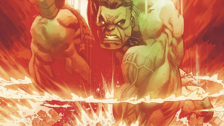 Hulk smashing the ground with a nuclear explosion around him in Incredible Hulk (2021)