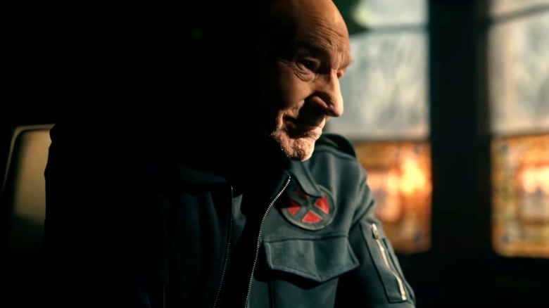 Patrick Stewart as Professor X sitting in the shadows in Avengers: Doomsday