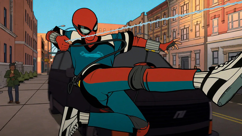 Spider-Man swings in front of a car on Your Friendly Neighborhood Spider-Man